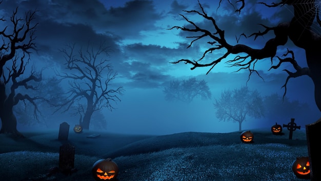 halloween pumpkins in a field with a spooky sky in the background