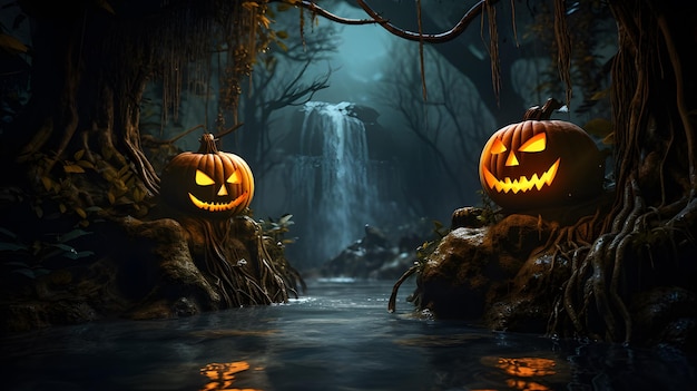 Halloween pumpkins in the forest background Generative AI