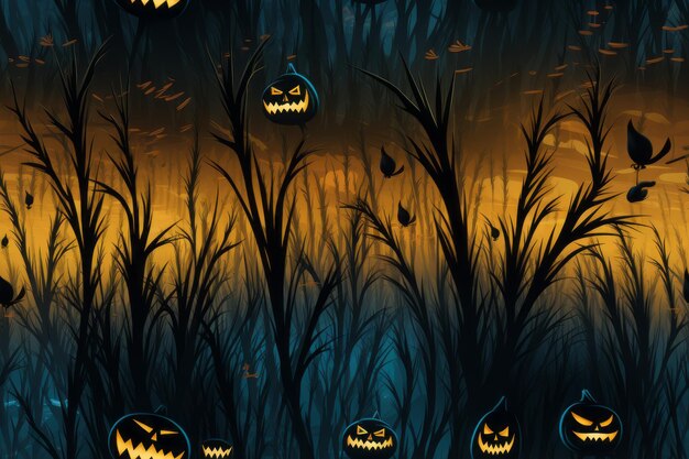 Foto zucche di halloween nella foresta di notte
