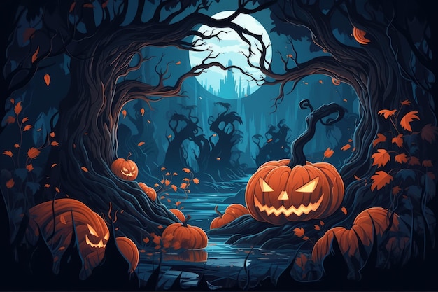 Halloween pumpkins in a forest with a full moon in the background