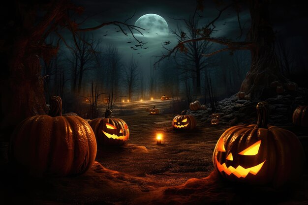 Halloween pumpkins in a forest with a full moon in the background