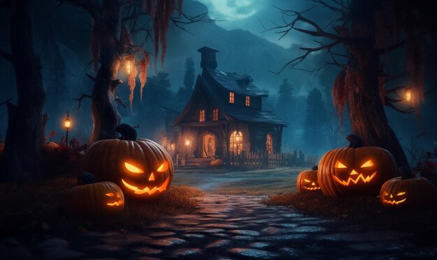 Halloween pumpkins in front of a creepy house at night generative ai