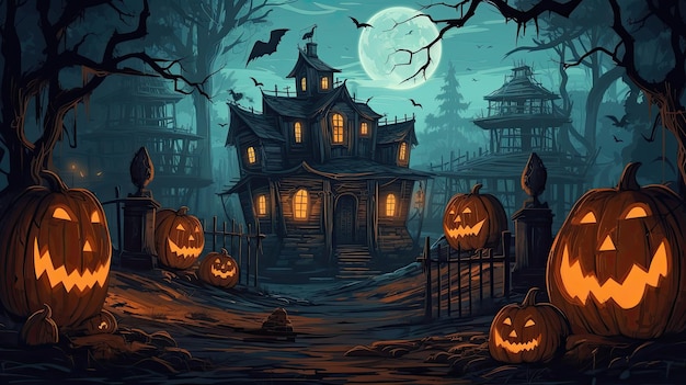 Halloween pumpkins in front of a haunted house