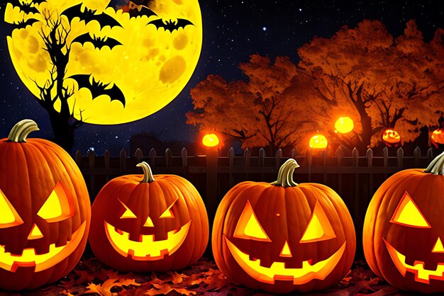 Halloween pumpkins at full moon night ai generated