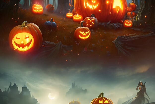 Halloween pumpkins at full moon night AI generated