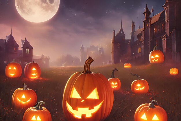 Halloween pumpkins at full moon night AI generated