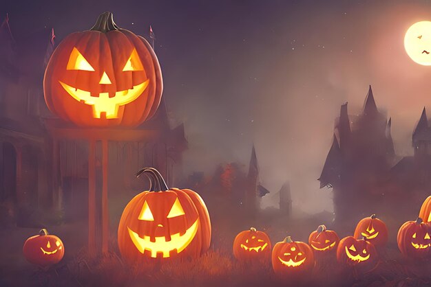 Halloween pumpkins at full moon night ai generated