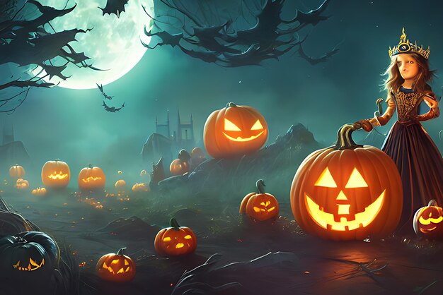 Halloween pumpkins at full moon night ai generated