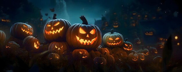 Halloween pumpkins glowing in the night Generative AI