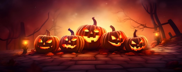 Halloween pumpkins glowing in the night Generative AI