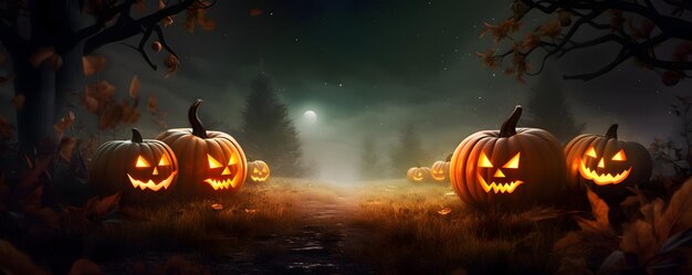 Halloween pumpkins glowing in the night Generative AI