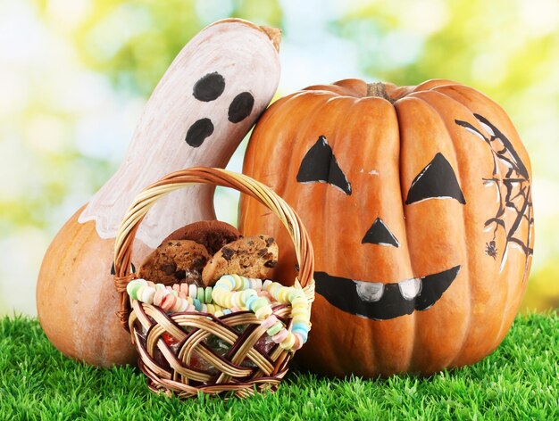 Halloween pumpkins on grass on bright background