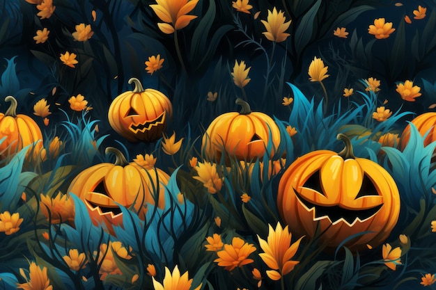 halloween pumpkins in the grass with leaves and flowers