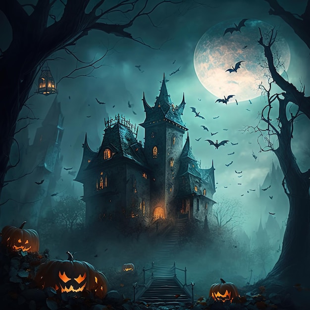 Хэллоуинские тыквы на кладбище жуткий лес ночью дом ведьм с привидениями
