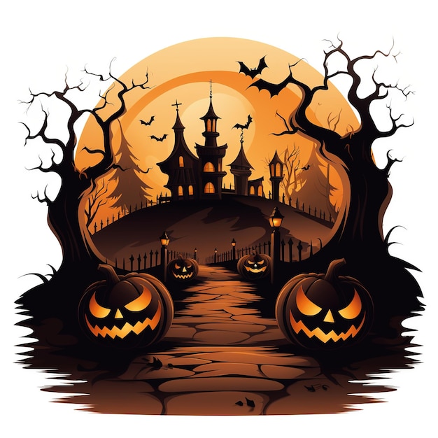 Halloween Pumpkins In Graveyard A Spooky Forest At Night Witch Haunted House Ai Generated