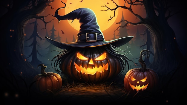 Halloween Pumpkins In Graveyard A Spooky Forest At Night Witch Haunted House Ai Generated