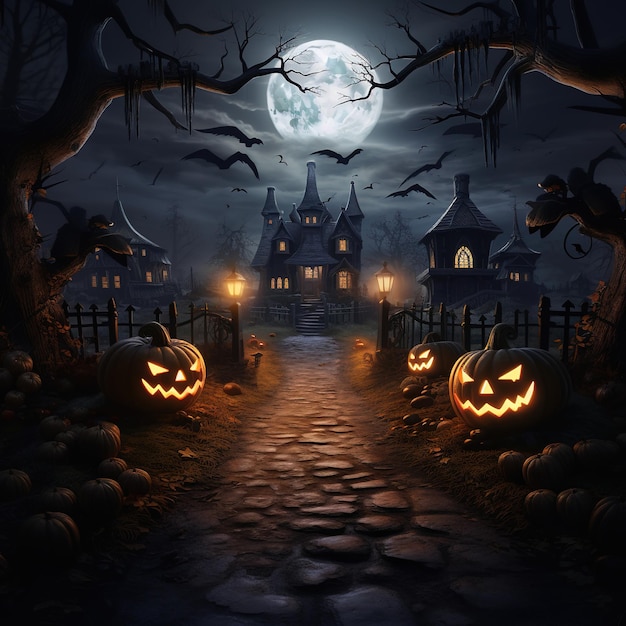 Halloween Pumpkins In Graveyard A Spooky Forest At Night Witch Haunted House Ai Generated