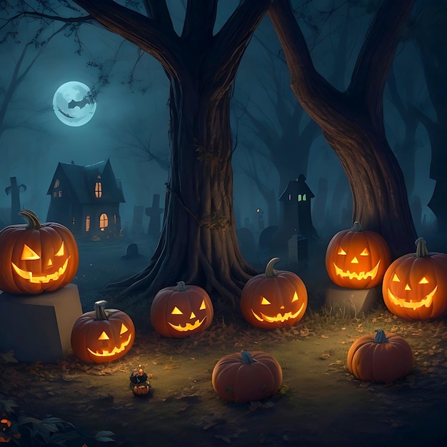 Halloween Pumpkins In Graveyard A Spooky Forest At Night Witch Haunted House generated in Ai