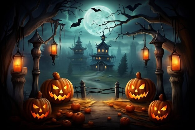 Halloween Pumpkins In Graveyard A Spooky ForestGenerative AI