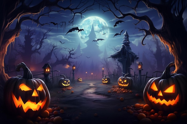 Foto halloween pumpkins in cemetery a spooky forestgenerative ai