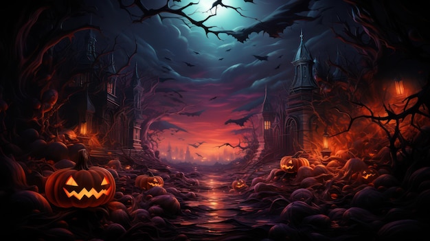 Halloween pumpkins in the graveyard on the spooky Night Halloween background concept Generative Ai