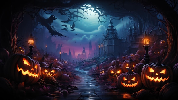 Halloween pumpkins in the graveyard on the spooky Night Halloween background concept Generative Ai