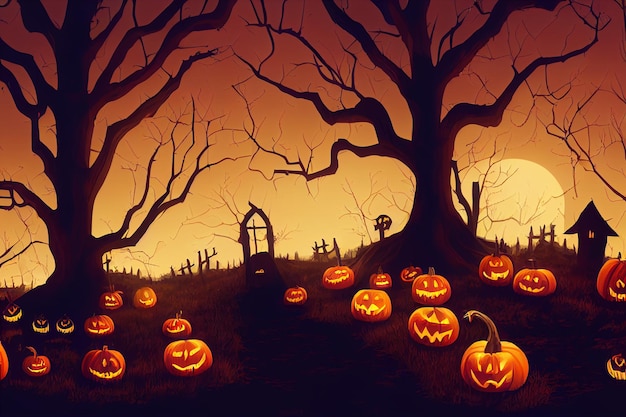 Хэллоуинские тыквы на кладбище на жуткой концепции ночного Хэллоуина