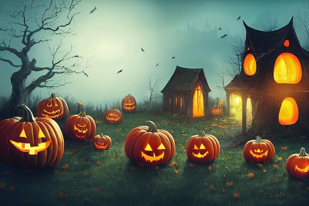 Halloween pumpkins in graveyard on the spooky Night Halloween background concept