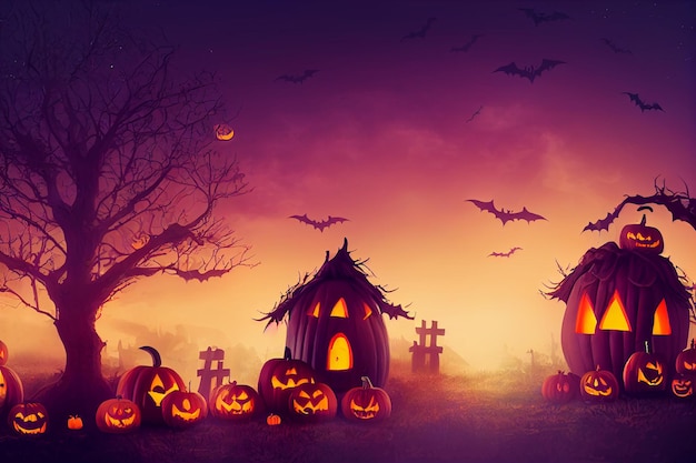 Halloween pumpkins in graveyard on the spooky Night. Halloween background concept.