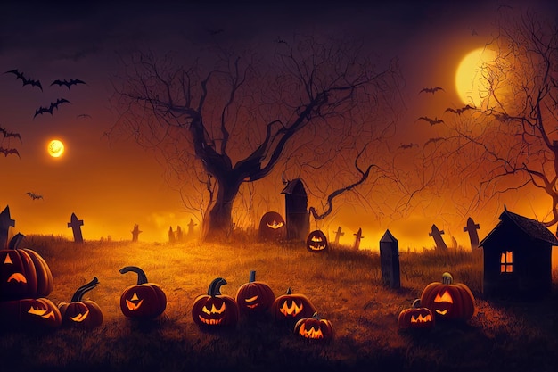 Halloween pumpkins in graveyard on the spooky Night. Halloween background concept.