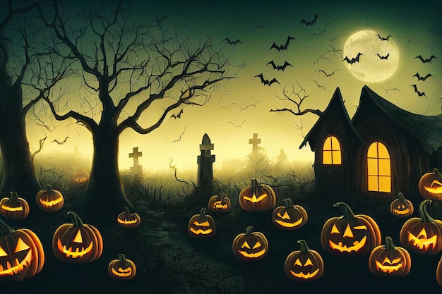 Halloween pumpkins in graveyard on the spooky Night Halloween background concept