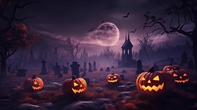 Тыквы Хэллоуина на кладбище с полной луной на заднем плане