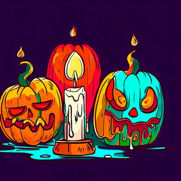 Halloween pumpkins Hand drawn candle lighting colour flat modern style colorful template