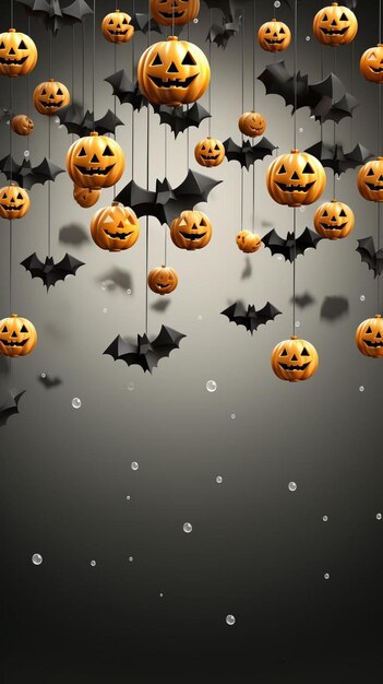 Photo halloween pumpkins hanging from strings with bats hanging from them