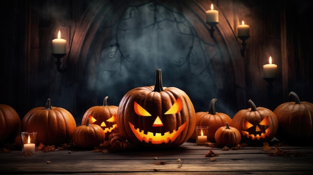 Halloween pumpkins heads jack lantern on spooky wooden background