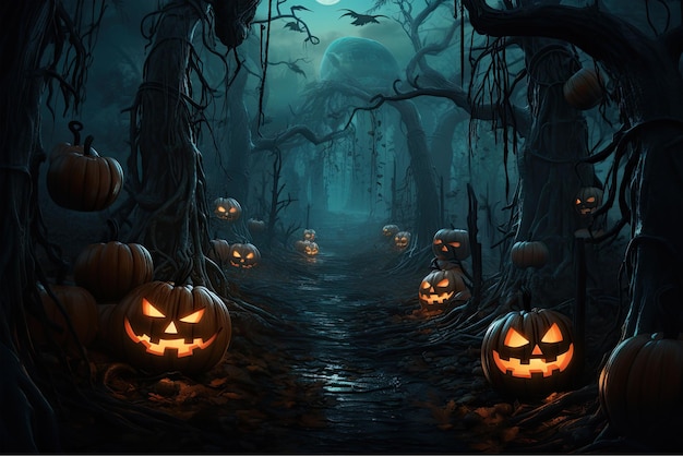 halloween pumpkins illuminate in the woods with moon as the moon nears