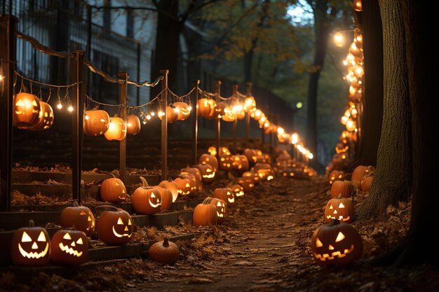 Halloween Pumpkins Illuminating a Path in the Autumn Woods