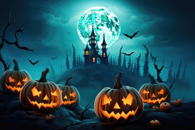 Halloween pumpkins jack o lantern and dark castle on blue Moon background