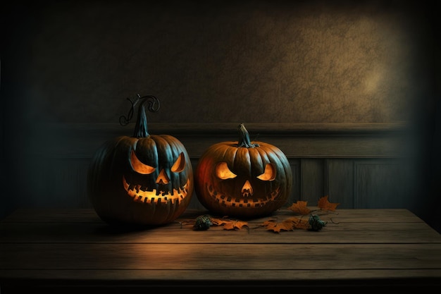 Halloween pumpkins jack o lantern on a wooden background copy space