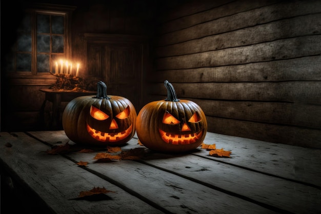 Halloween pumpkins jack o lantern on a wooden background copy space