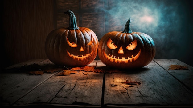 Halloween pumpkins jack o lantern on a wooden background copy space