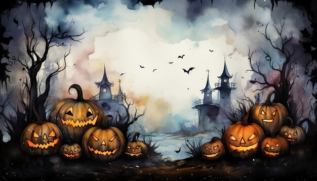 Photo halloween pumpkins jack o lanterns background watercolor style