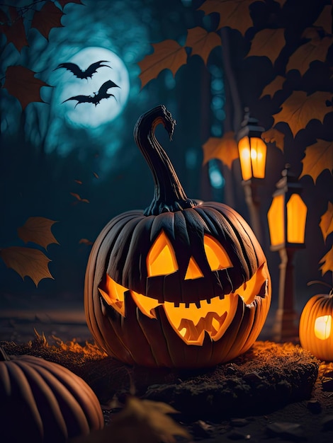 Halloween pumpkins and jack o lanterns on dark creepy background