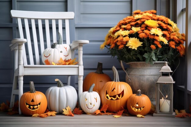 Halloween pumpkins jack o' lanterns flowers and chairs on front porch exterior home decor