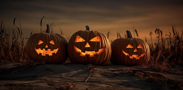 Halloween pumpkins Jacko'Lanterns glowing in the dark at sunset Generative AI