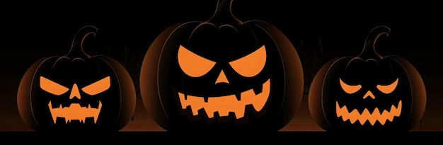 Halloween pumpkins Jacko'Lanterns with light on a black background Terrifying image Generative AI