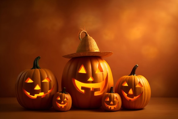 Halloween pumpkins jackolantern on an orange background