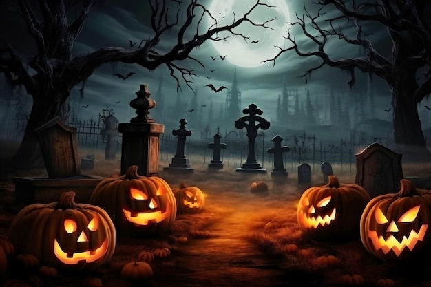 Halloween pumpkins near a tree in a cemetery with a scary house Halloween background at night forest with moon and bats