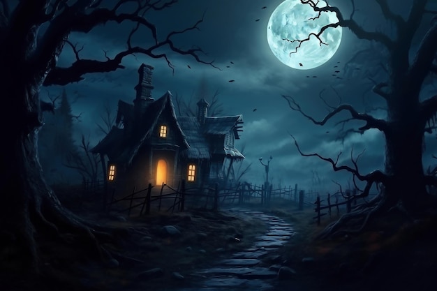 무서운 집이 있는 묘지의 나무 근처에 있는 할로윈 호박 달과 박쥐가 있는 밤 숲의 할로윈 배경