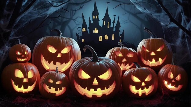 Halloween pumpkins of nightly spooky forest and castle